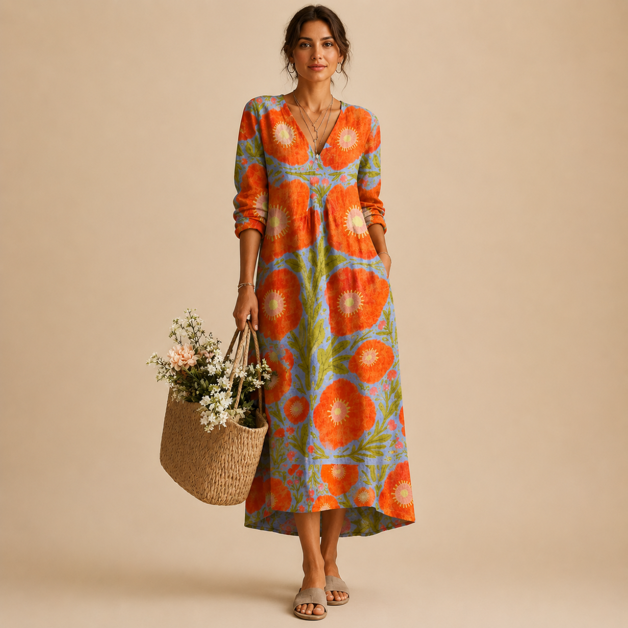 Faye Lightweight Layered Linen Midi Dress, full model view featuring the elegant layered design and relaxed flowing fit. Designed by Bella Hudson.