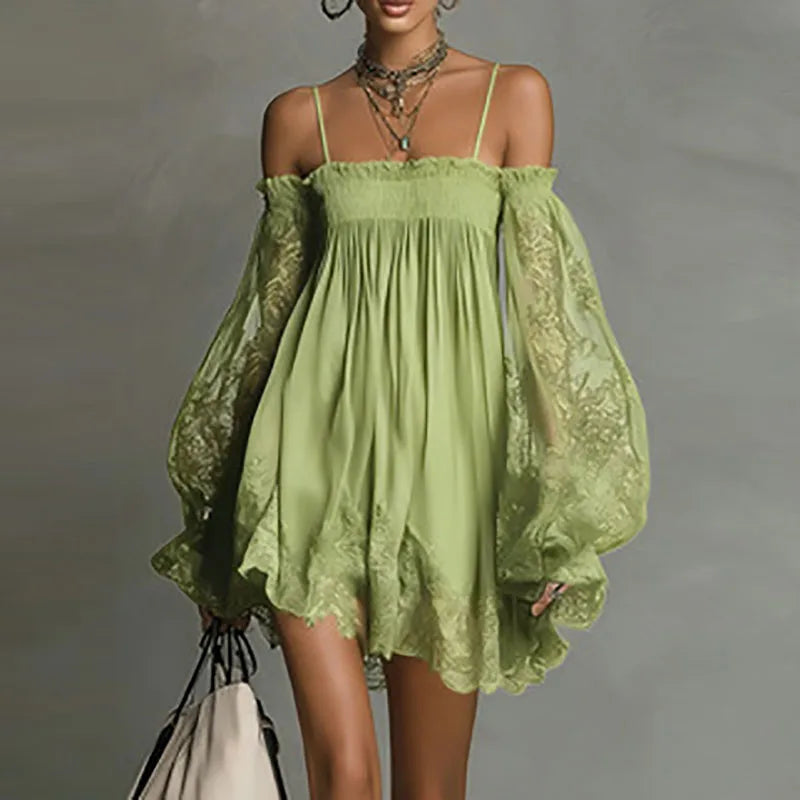 Front view of the Fenella Mini Dress Off-Shoulder Lace Puff-Sleeve Boho in green, featuring an off-the-shoulder neckline, sheer lace puff sleeves, a flowing babydoll silhouette, and delicate scalloped lace trim. Designed by Bella Hudson.