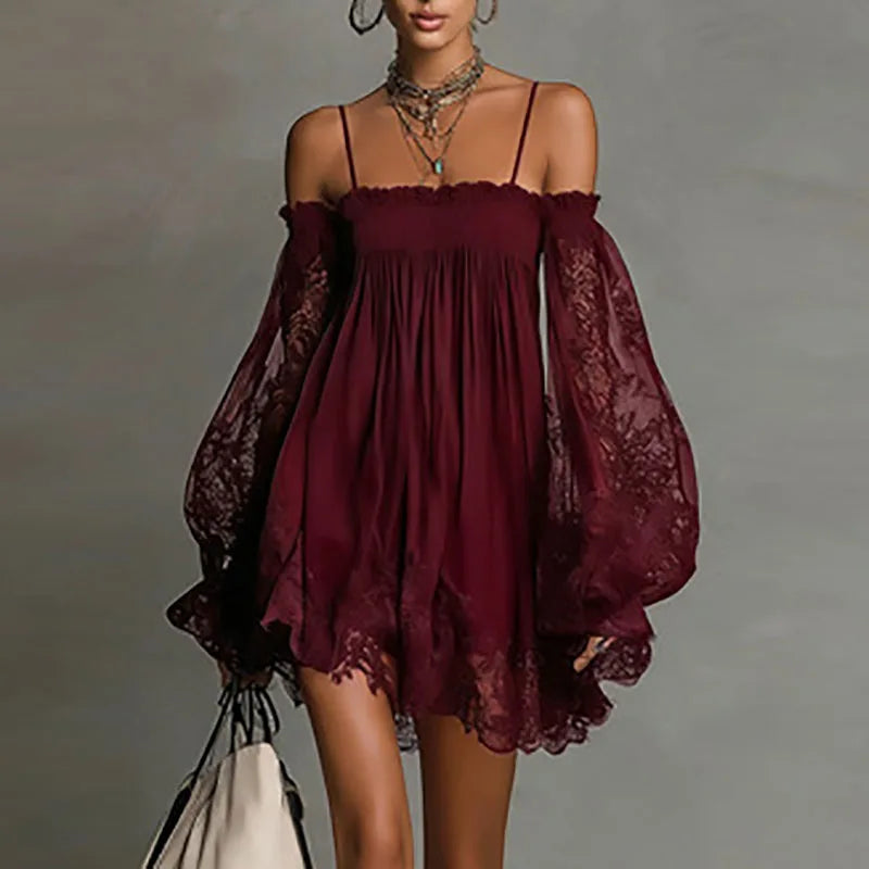 Front view of the Fenella Mini Dress Off-Shoulder Lace Puff-Sleeve Boho in red, featuring an off-the-shoulder neckline, sheer lace puff sleeves, a relaxed babydoll silhouette, and a scalloped lace hem. Designed by Bella Hudson.
