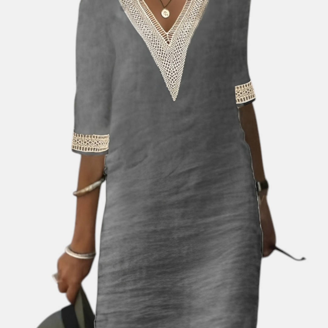 Fenna Shift Dress Cotton Crochet-Trim V-Neck, Gray / M