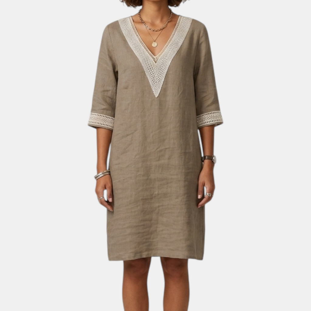Front view of the Fenna Shift Dress Cotton Crochet-Trim V-Neck in khaki, featuring a crochet-trim V-neckline, three-quarter sleeves with rolled cuffs, side pockets, and a relaxed shift silhouette. Designed by Bella Hudson.