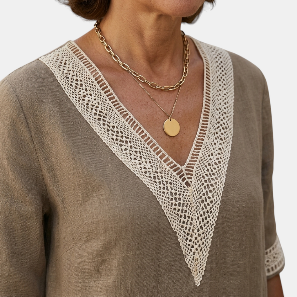 Close-up detail of the Fenna Shift Dress Cotton Crochet-Trim V-Neck in khaki, featuring the crochet-trim V-neckline, soft cotton fabric, and refined stitching. Designed by Bella Hudson.