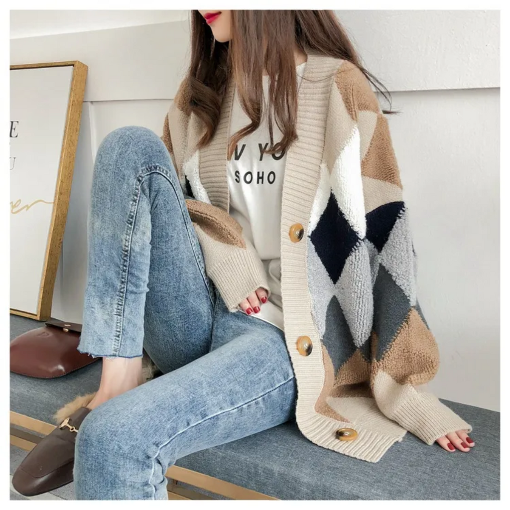 Fernanda Puff-Sleeve Oversized Cardigan, Khaki, front view