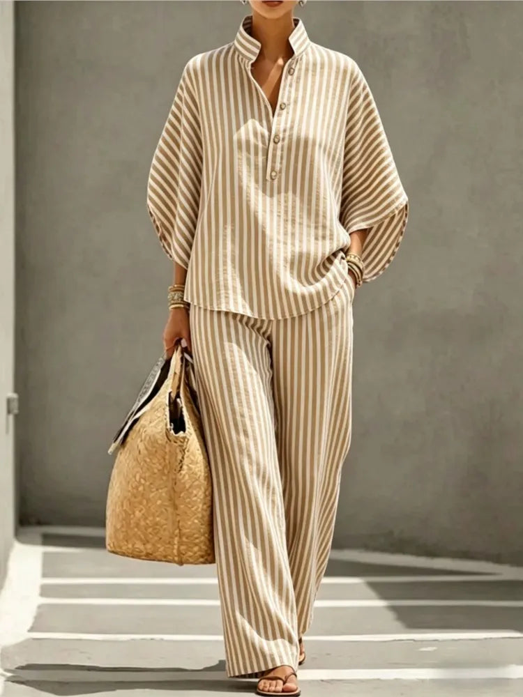 Fernanda striped collar shirt and trouser set, view 1