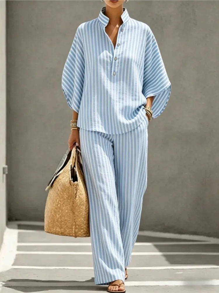 Fernanda striped collar shirt and trouser set, view 2