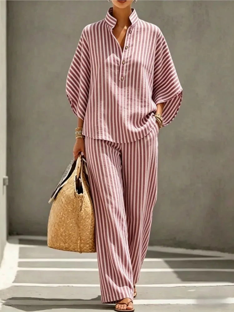 Fernanda striped collar shirt and trouser set, view 3