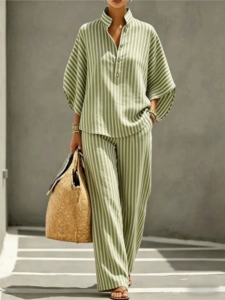 Fernanda striped collar shirt and trouser set, view 4