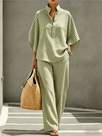 Fernanda striped collar shirt and trouser set, view 4