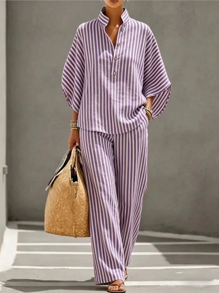 Fernanda striped collar shirt and trouser set, view 5