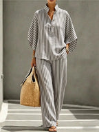 Fernanda striped collar shirt and trouser set, view 7
