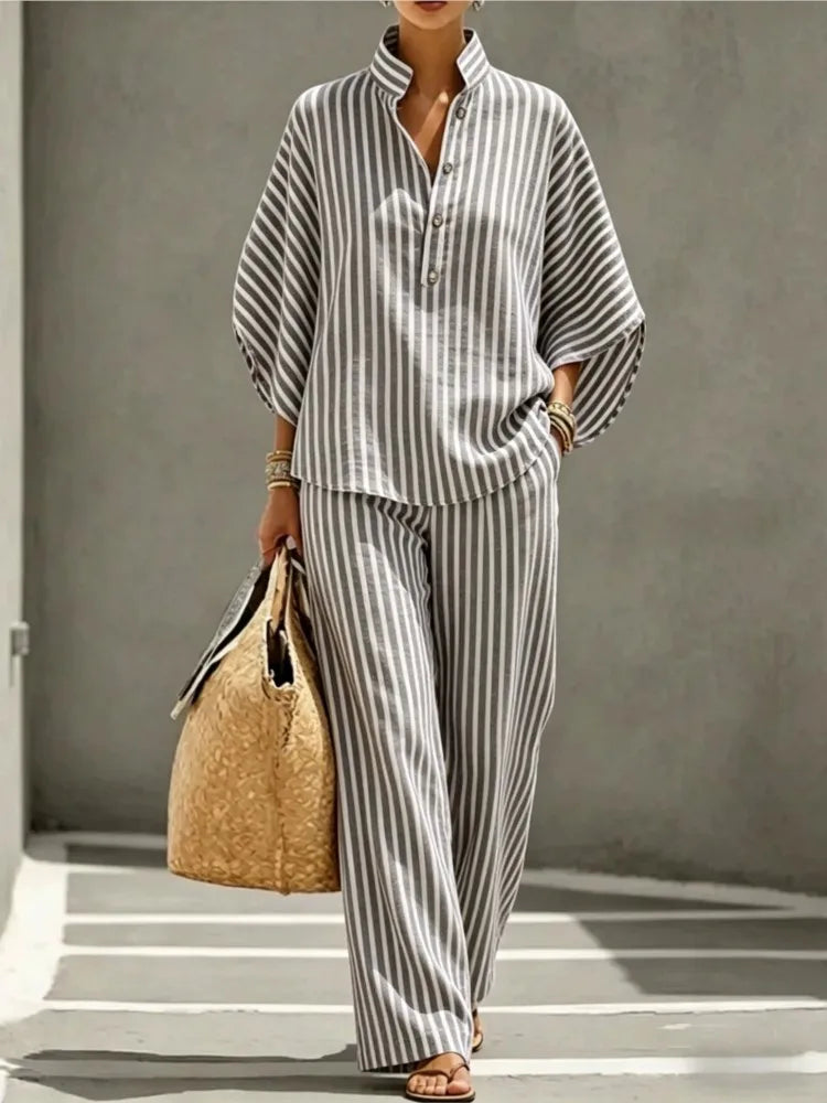 Fernanda striped collar shirt and trouser set, view 7