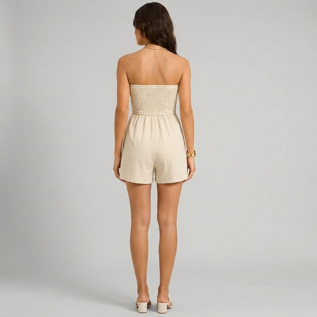 Back view of khaki Fiola Elegant Strapless Romper by BELLA HUDSON