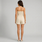 Back view of khaki Fiola Elegant Strapless Romper by BELLA HUDSON