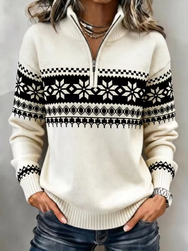 Fiona Beige Fair Isle sweater with half-zip mock neck, snowflake pattern, and long sleeves