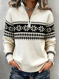 Fiona Beige Fair Isle sweater with half-zip mock neck, snowflake pattern, and long sleeves