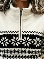 Fiona Beige Fair Isle sweater close-up showing half-zip neckline and snowflake knit pattern