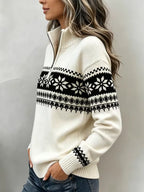 Fiona Beige Fair Isle sweater with relaxed fit and geometric snowflake pattern, shown from the side