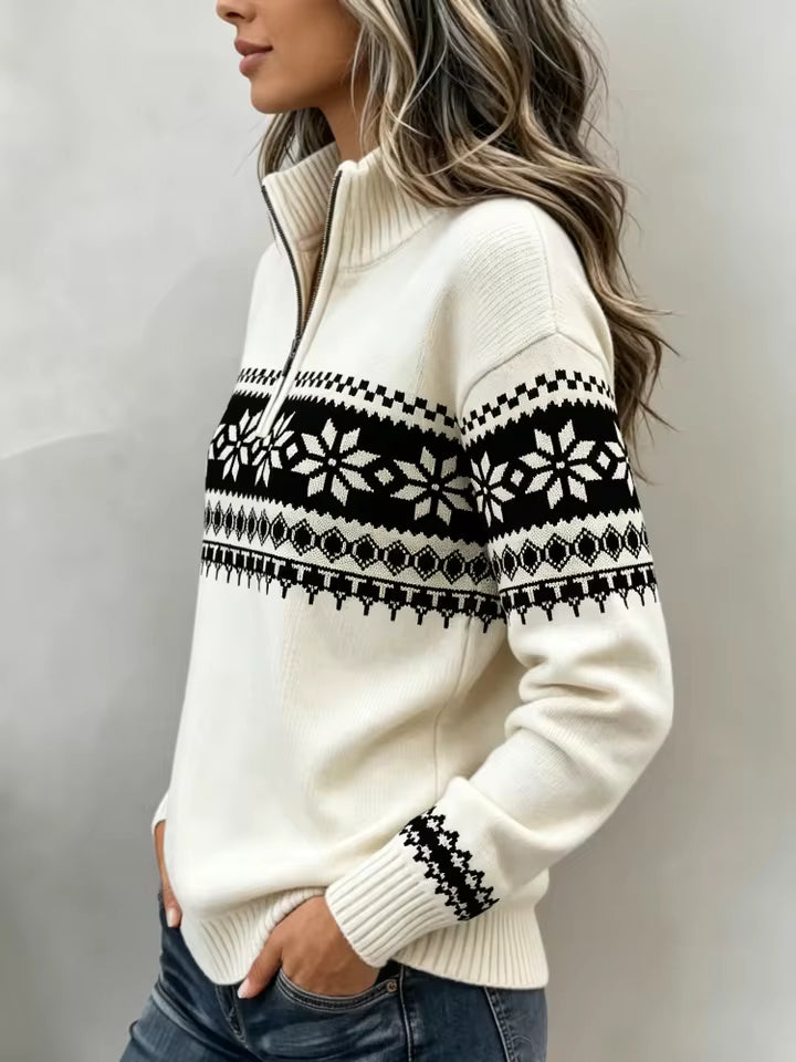 Fiona Beige Fair Isle sweater with relaxed fit and geometric snowflake pattern, shown from the side