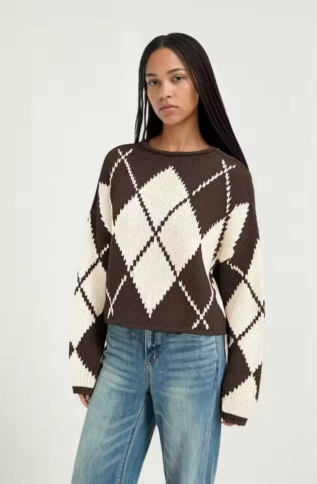 Fiona Brown argyle knit sweater with contrasting diamond pattern, dropped shoulders, and ribbed cuffs