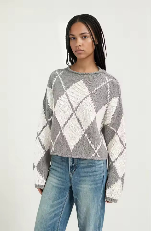 Fiona Gray argyle knit sweater with crew neckline, diamond pattern, dropped shoulders, and long sleeves