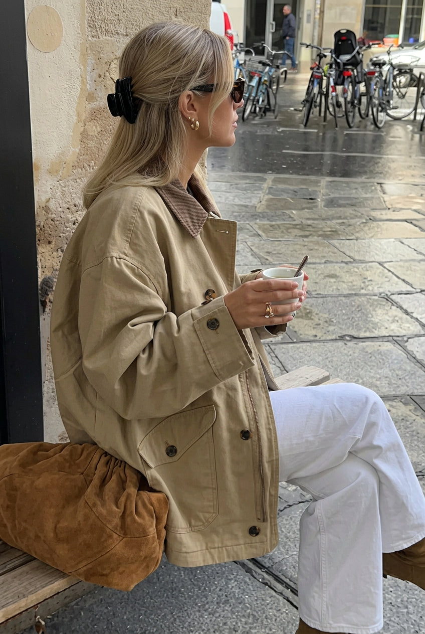 Fiona Khaki utility bomber jacket shown from the side with a contrast collar, roomy fit, and front pockets