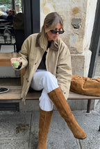 Fiona Khaki utility bomber jacket with an oversized fit, contrast collar, long sleeves, and front pockets