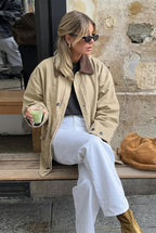 Fiona Khaki oversized utility bomber jacket shown from the front with a contrast collar and relaxed silhouette