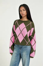 Fiona Pink argyle knit sweater with crew neckline, diamond pattern, and long sleeves