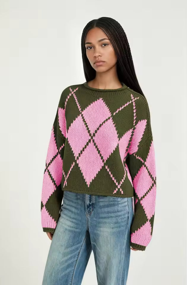 Fiona Pink argyle knit sweater with crew neckline, diamond pattern, and long sleeves