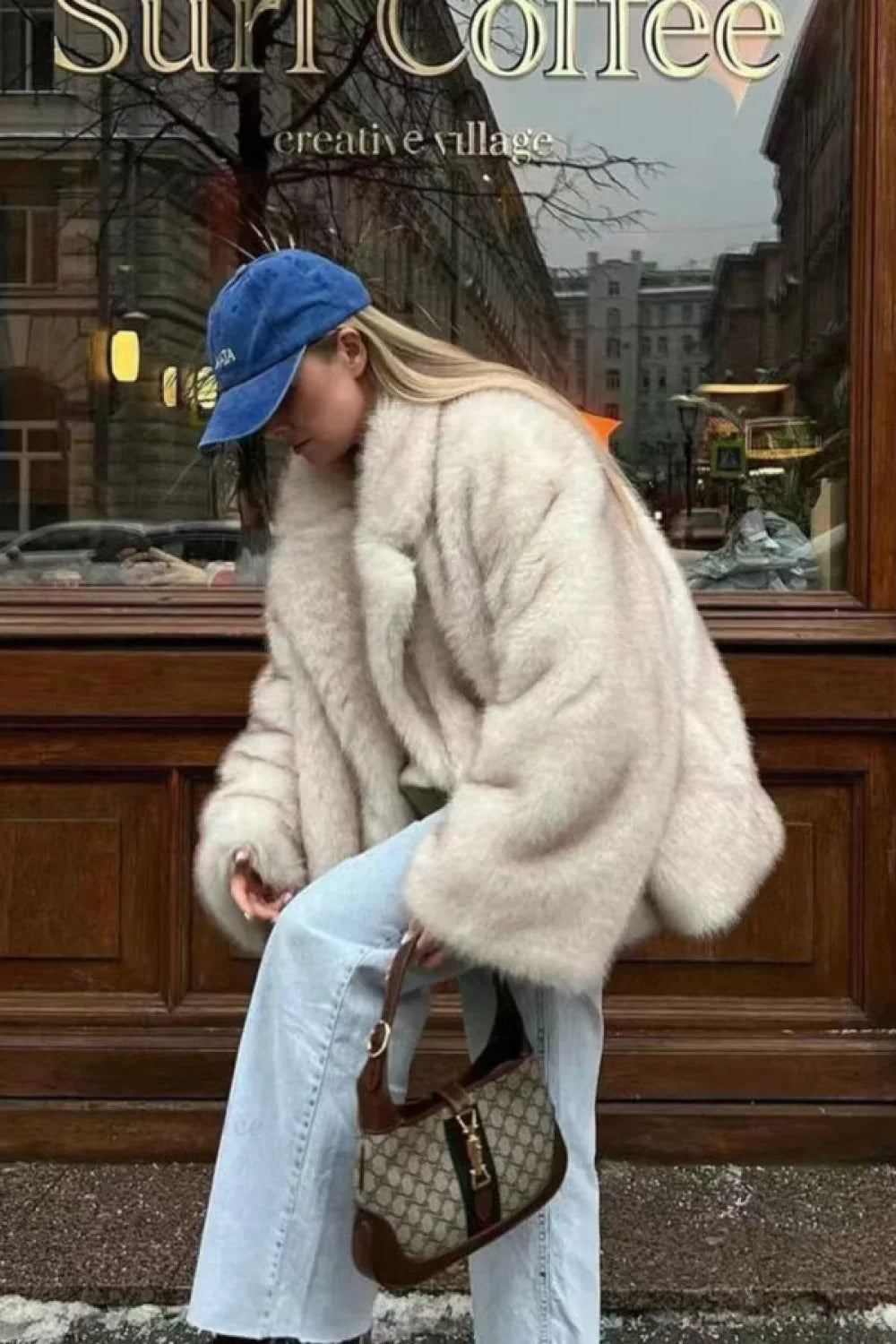 Fiora White faux fur jacket shown from the side with a wide lapel collar and voluminous sleeves, paired with wide-leg light jeans.