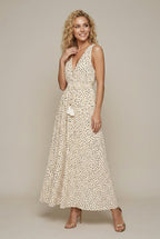 Fiorella evening polka-dot V-neck maxi dress, Beige