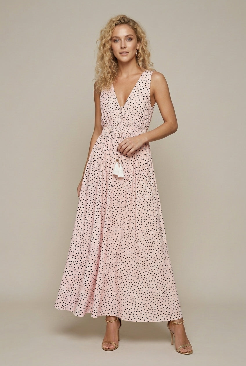 Fiorella evening polka-dot V-neck maxi dress, Pink