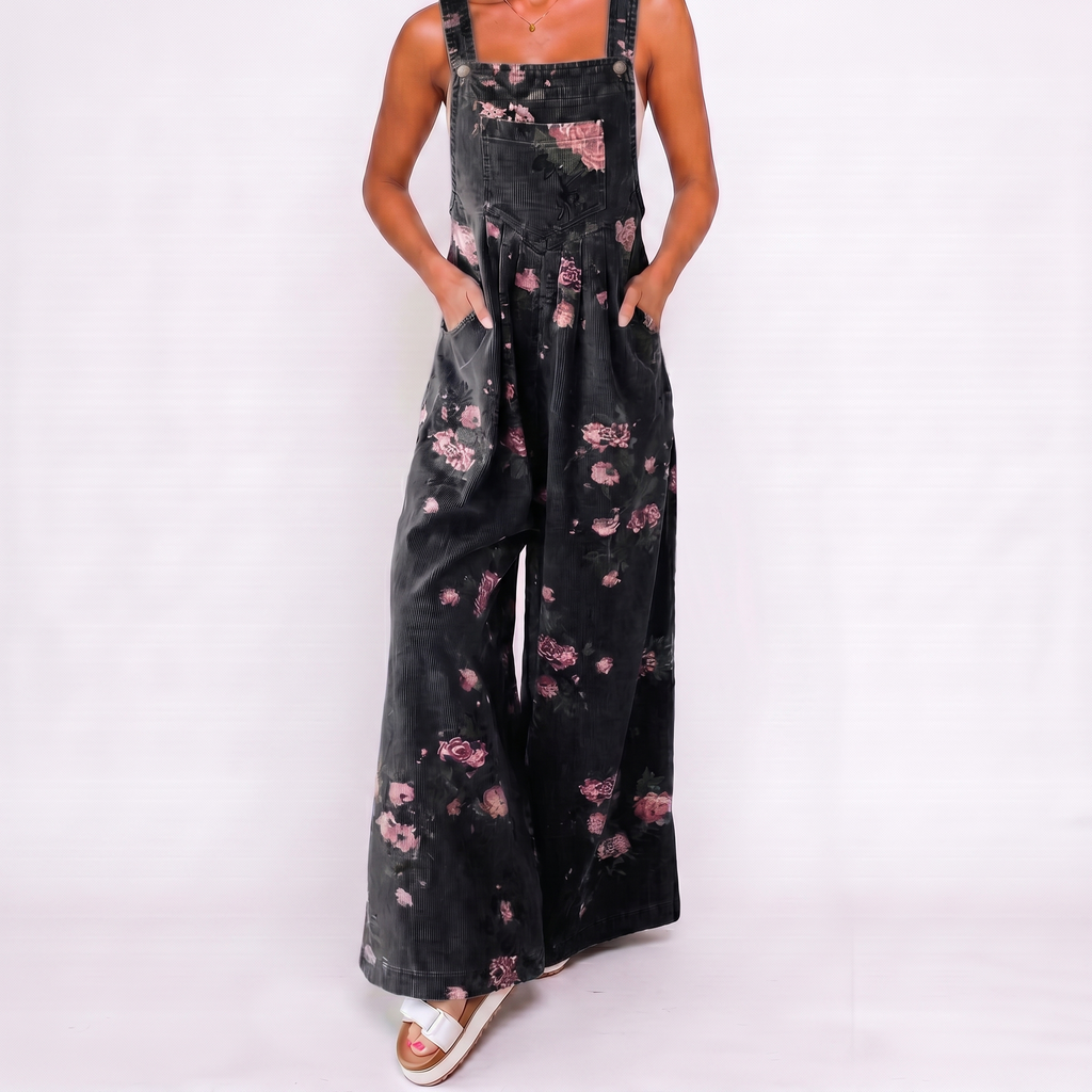 Black floral overalls casual jumpsuit front view with casual wide leg design BELLA HUDSON