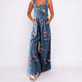 Blue floral overalls casual jumpsuit front view with wide leg relaxed fit BELLA HUDSON