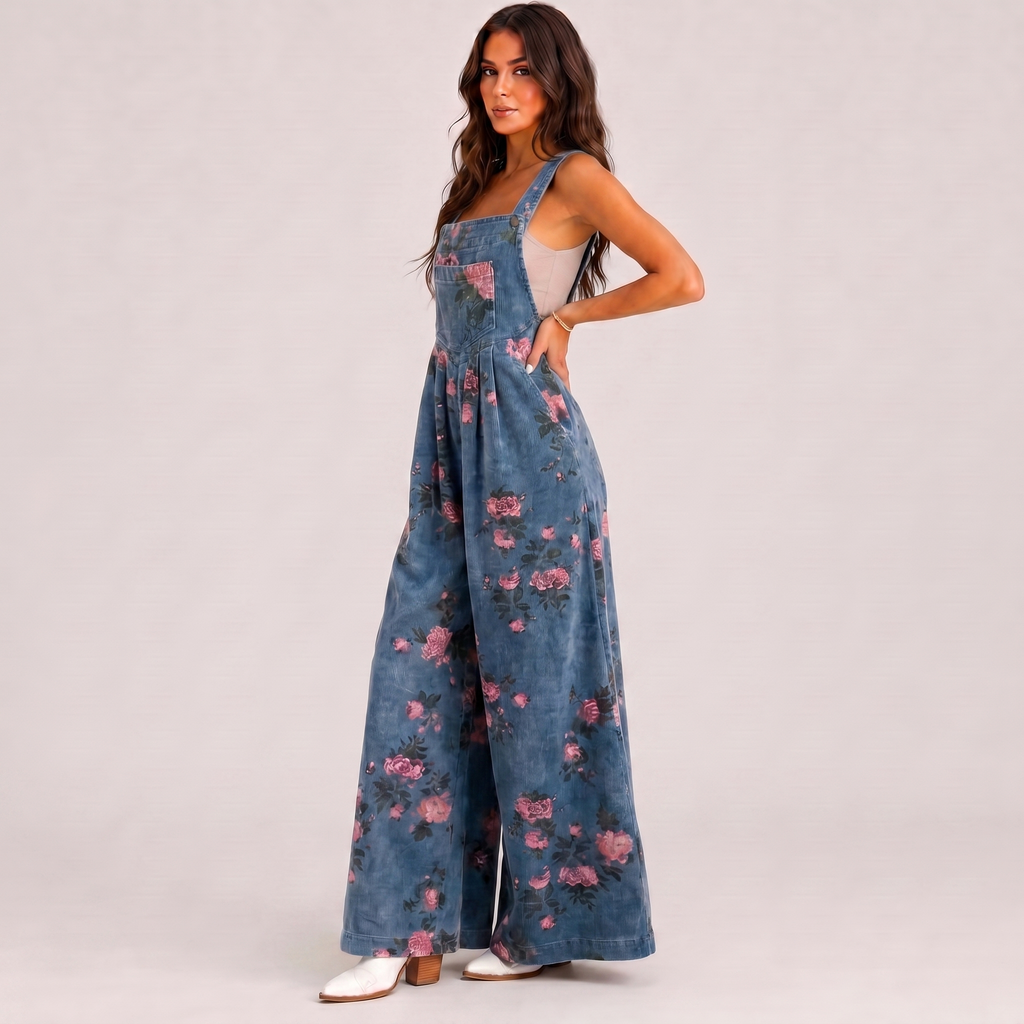 Model wearing blue floral overalls casual jumpsuit with relaxed wide leg styling BELLA HUDSON