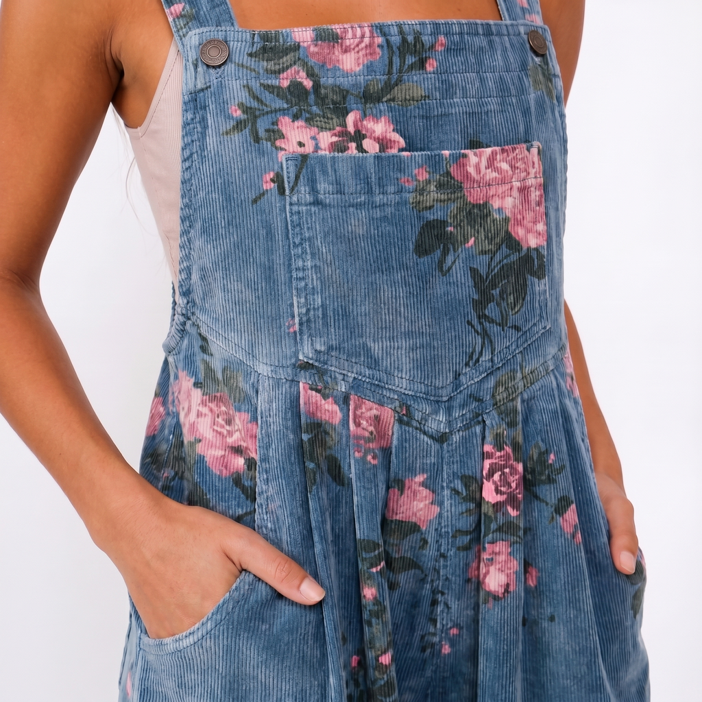 Close-up detail of floral overalls casual jumpsuit fabric and floral print BELLA HUDSON