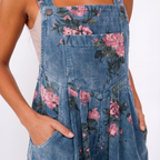 Close-up detail of floral overalls casual jumpsuit fabric and floral print BELLA HUDSON