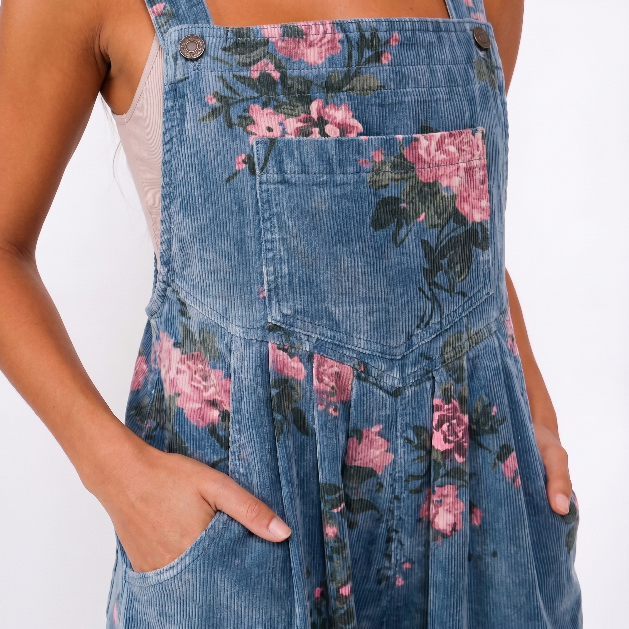 Close-up detail of floral overalls casual jumpsuit fabric and floral print BELLA HUDSON