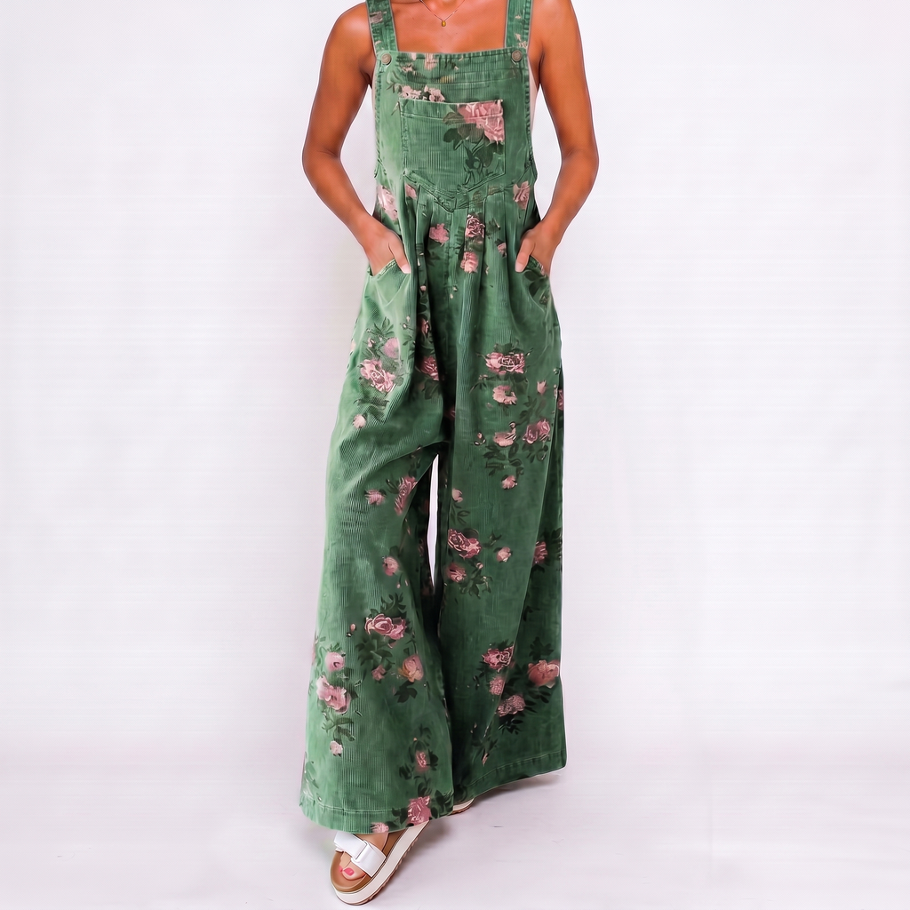 Green floral overalls casual jumpsuit front view with relaxed oversized fit BELLA HUDSON