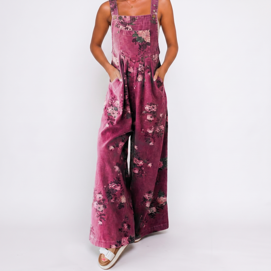 Model wearing pink floral overalls casual jumpsuit with soft floral print BELLA HUDSON