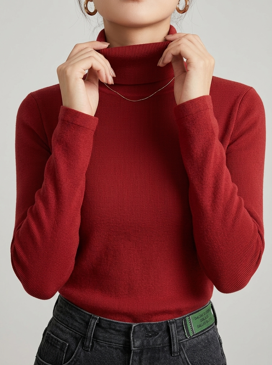 Freya Red turtleneck top with long sleeves and a folded high neckline