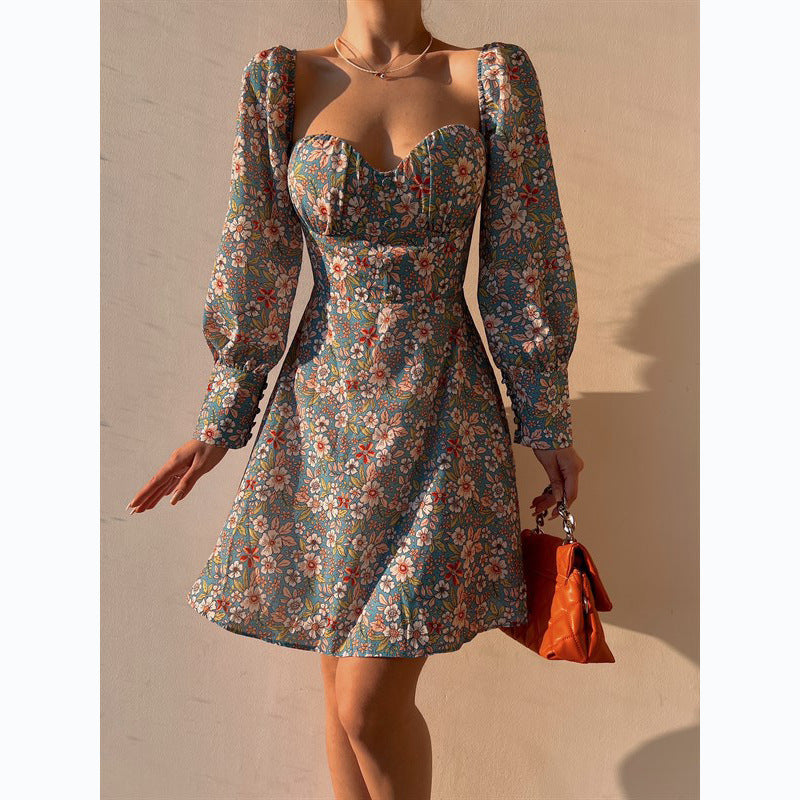 Genevra sweetheart puff-sleeve floral mini dress, Blue