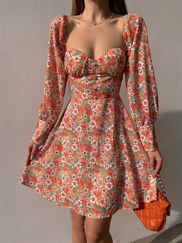 Genevra sweetheart puff-sleeve floral mini dress, Red