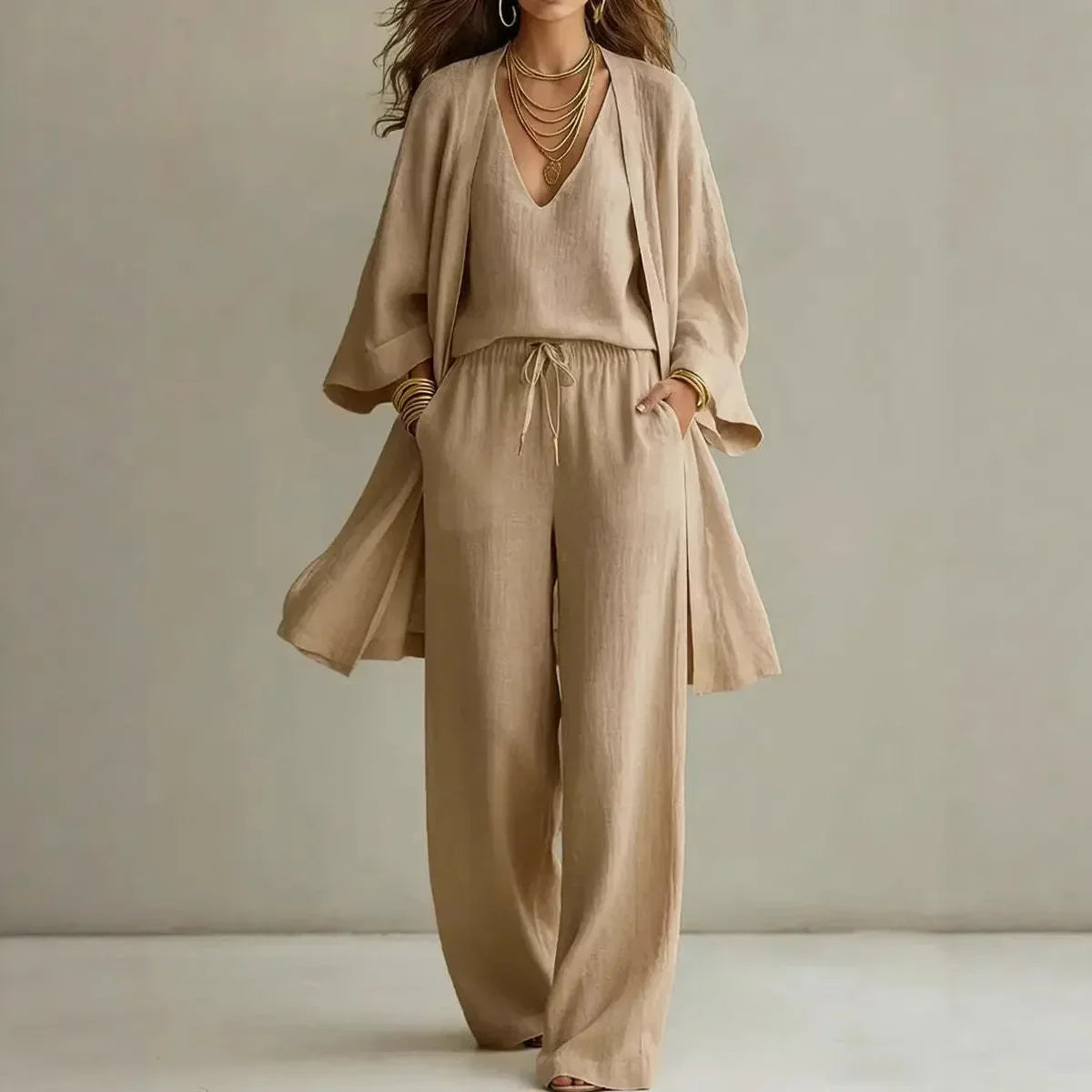 Genoveva linen cardigan three-piece lounge set, view 2
