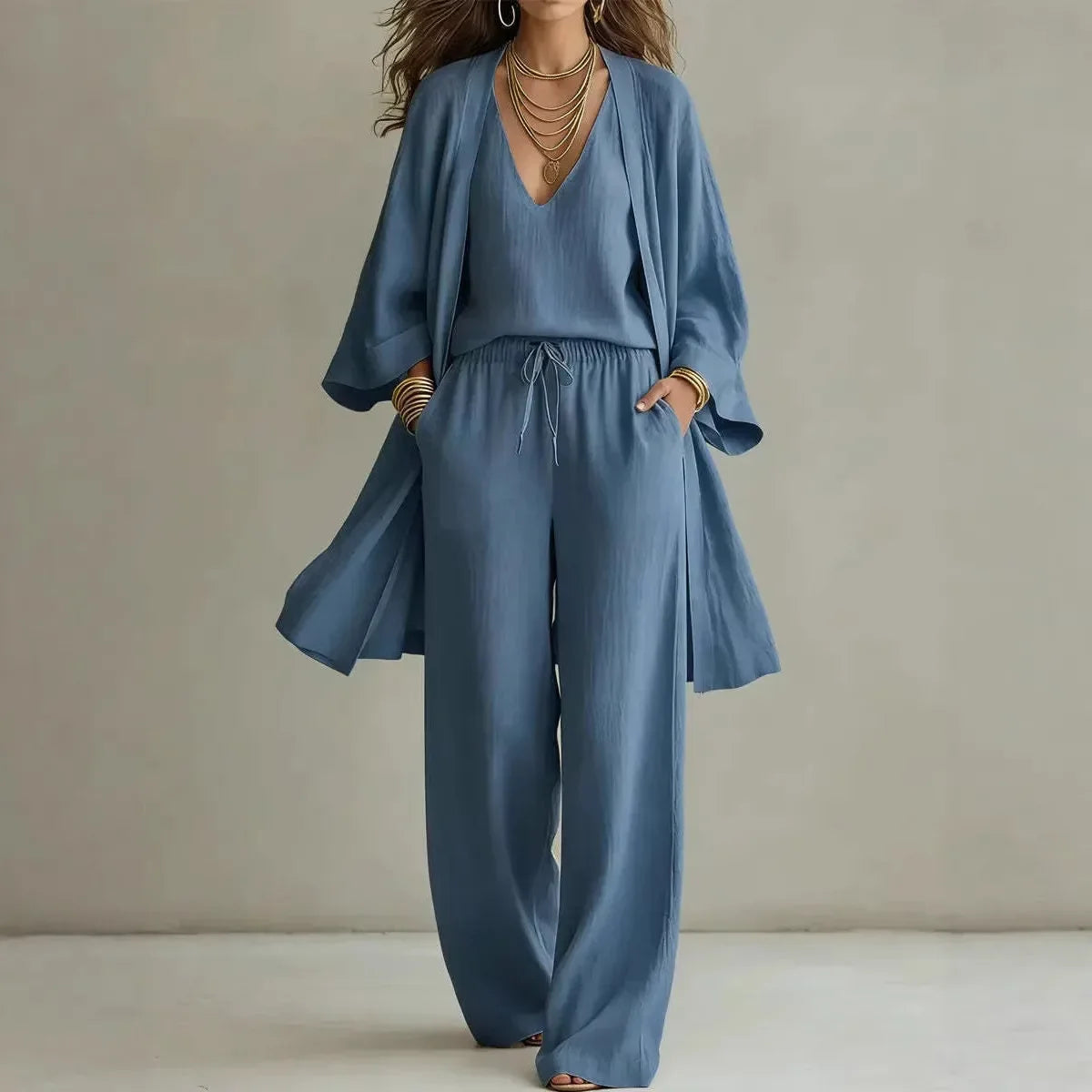 Genoveva linen cardigan three-piece lounge set, view 3