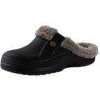Grace Black plush-lined clog slippers featuring a closed toe, decorative side button, open back, and thick textured sole