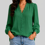 Front view of green boho button blouse with long sleeves and textured fabric by BELLA HUDSON