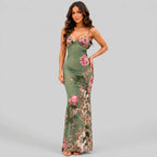 Side view of green floral maxi dress with spaghetti straps and bodycon fit by BELLA HUDSON