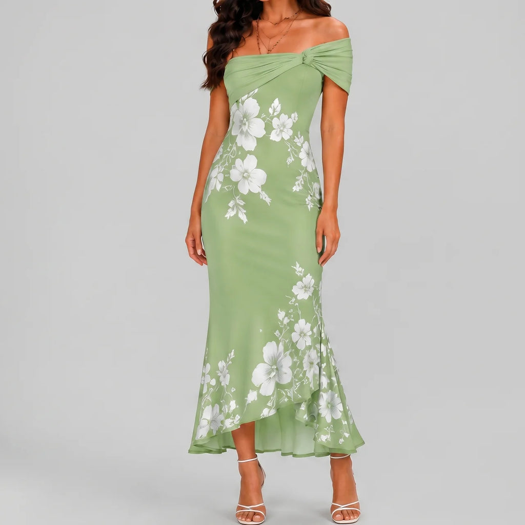 Front view of green floral off shoulder maxi dress with fitted silhouette by BELLA HUDSON