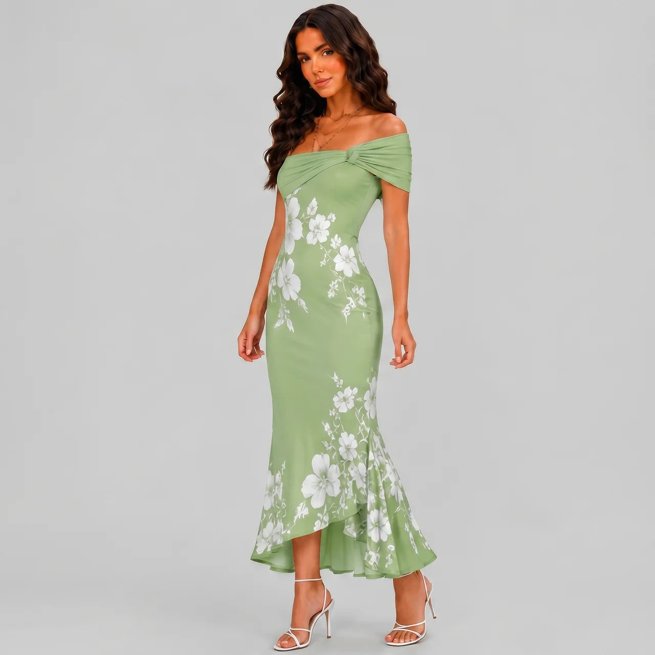Side view of green floral off shoulder maxi dress with fitted silhouette by BELLA HUDSON